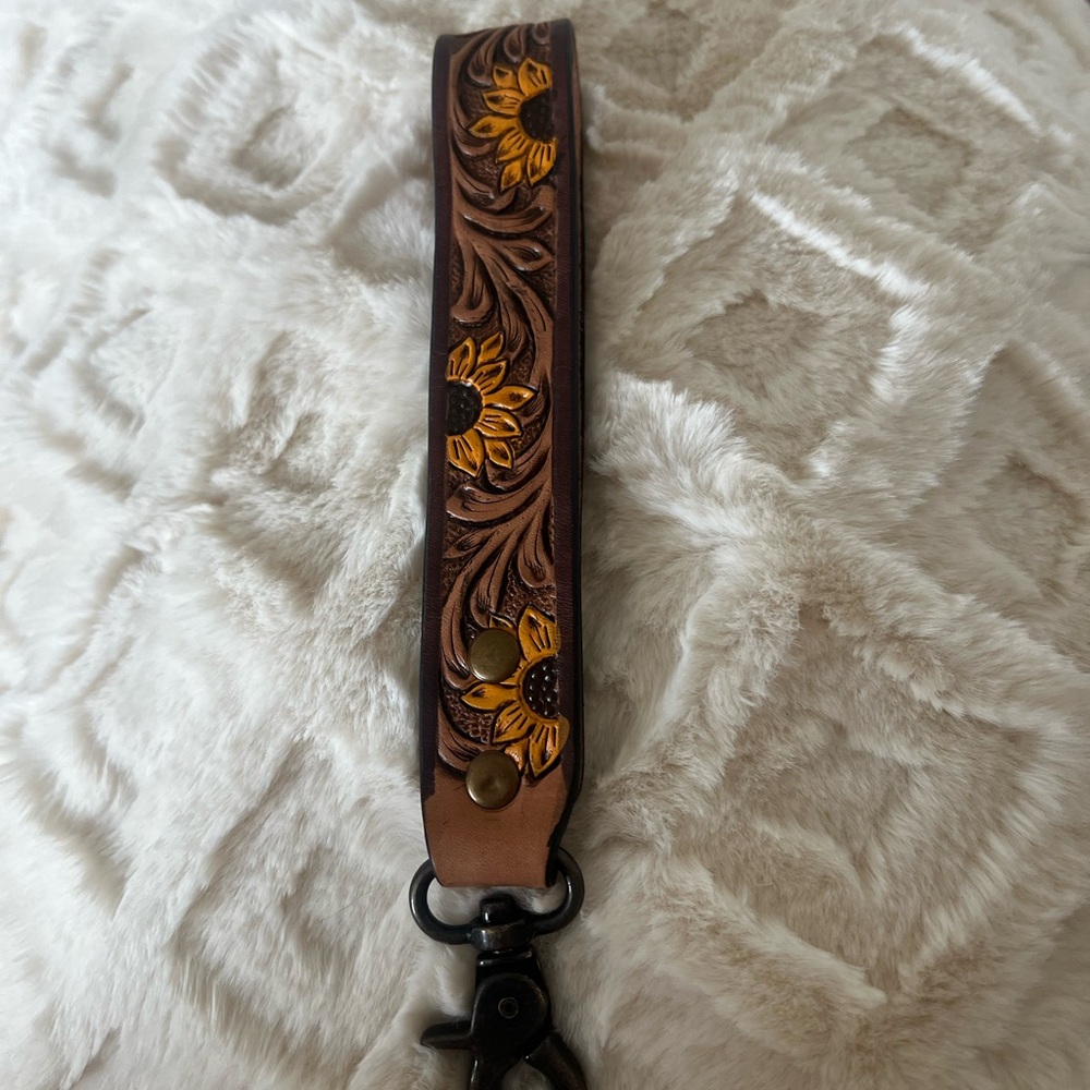 Handtooled Leather Keychain Wristlet with Sunflower Design - Brown & Yellow